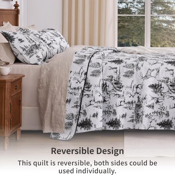 2-Piece Lodge Bed Cover Quilt with 1 Pillow Sham for All Season, White & Black - Picture 4 of 7